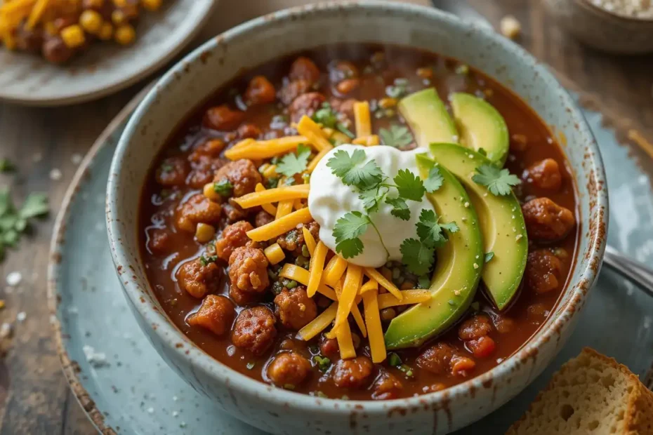 A steaming bowl of Beef and Turkey Chili topped with shredded cheese, sour cream, sliced avocado, and fresh cilantro, served with a side of cornbread