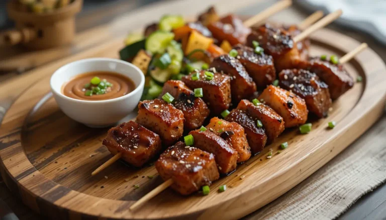 Beef and Salmon Skewers: A Delicious Fusion of Flavors 3 Served Beef and Salmon Skewers on a wooden platter with a side of grilled vegetables and dipping sauce
