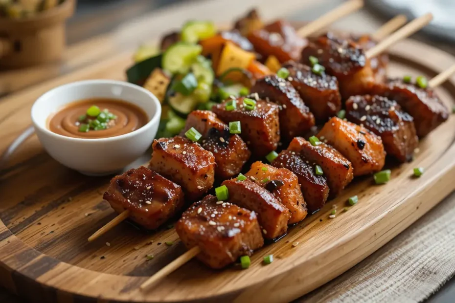 Served Beef and Salmon Skewers on a wooden platter with a side of grilled vegetables and dipping sauce