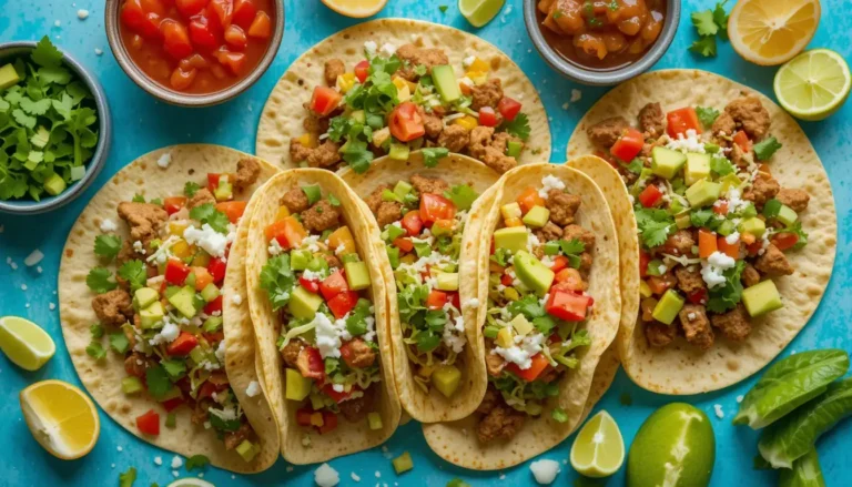 Plated chicken and beef tacos with a variety of fresh toppings, including avocado, salsa, and lime wedges