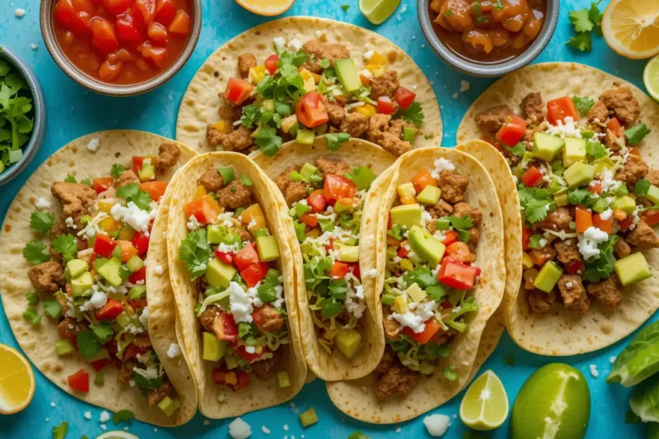 Plated chicken and beef tacos with a variety of fresh toppings, including avocado, salsa, and lime wedges