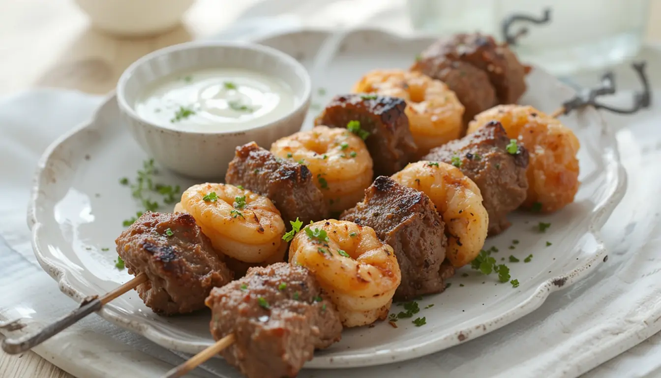 Beef and Shrimp Kebabs served on a plate with a side of tzatziki sauce, ready to be enjoyed at a summer barbecue