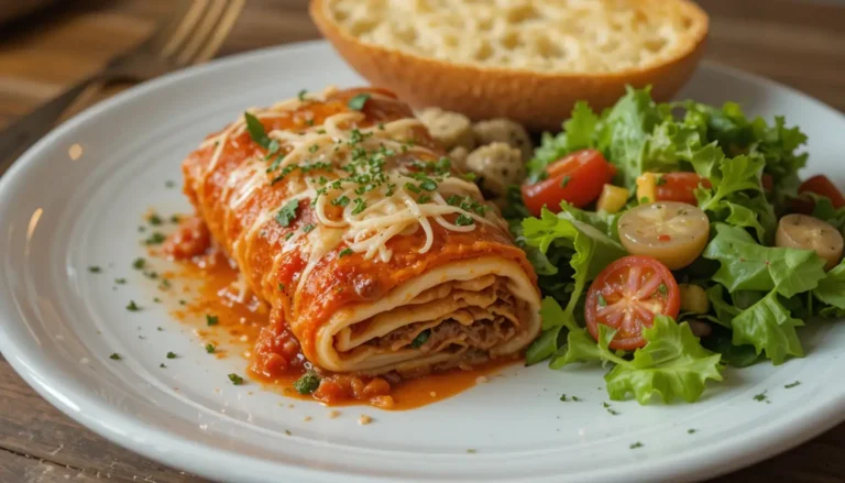 The Ultimate Guide to Making Sinfully Delicious Lasagna Rolls at Home 7 Lasagna rolls served on a plate with a side of garlic bread and a fresh green salad