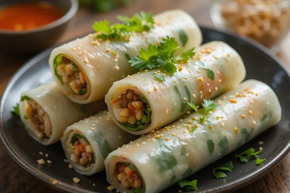 No-cook spring rolls garnished with sesame seeds and fresh herbs