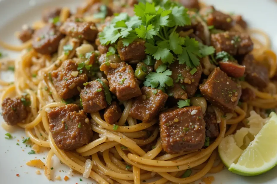 Colorful plate of beef pad thai garnished with peanuts and cilantro