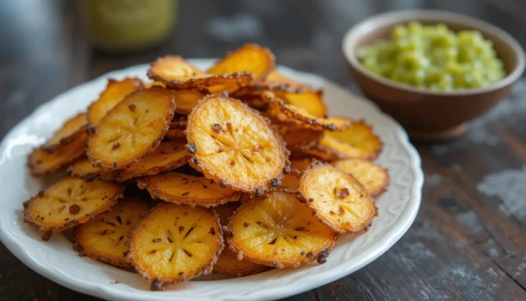 Crunchy Delight: The Ultimate Plantain Chips Recipe for a Healthy Snack 3 Crispy golden plantain chips on a plate with a side of dip