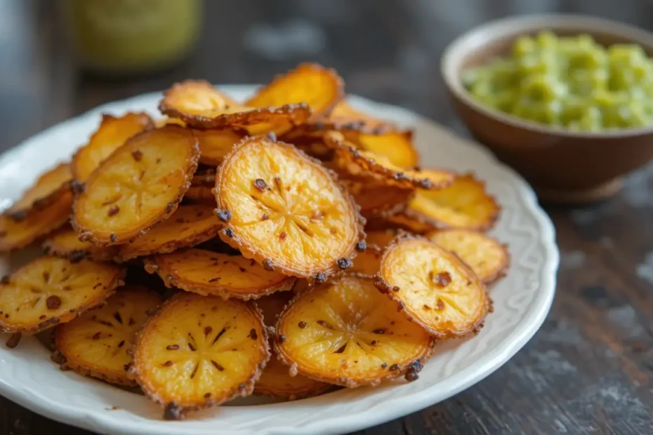 Crispy golden plantain chips on a plate with a side of dip