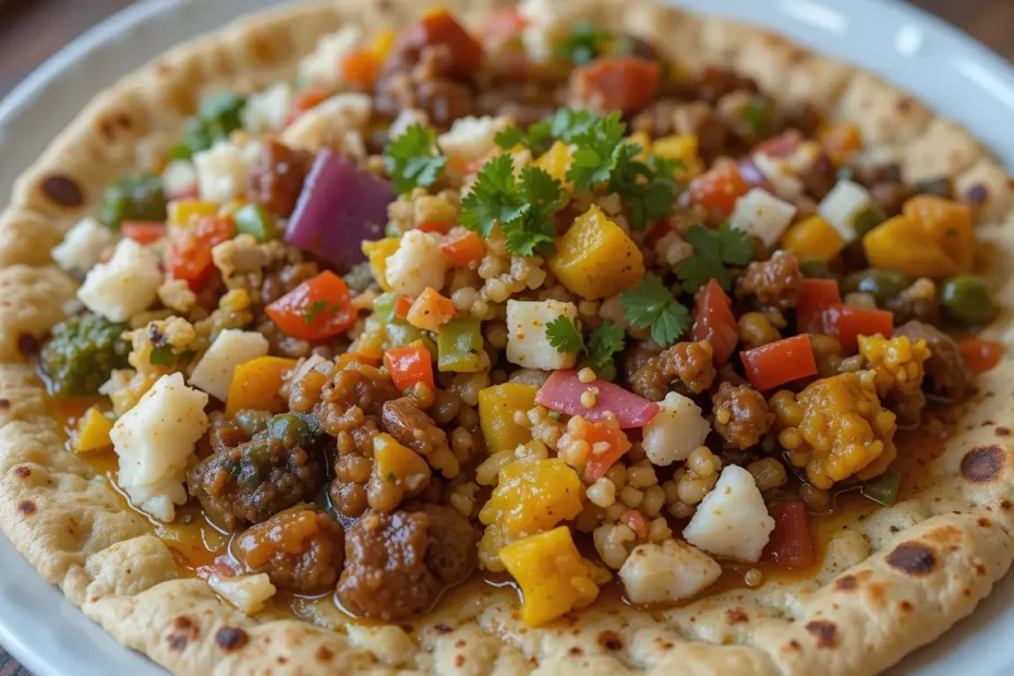 Injera recipe: A traditional Ethiopian platter with injera topped with doro wat, misir wat, and gomen