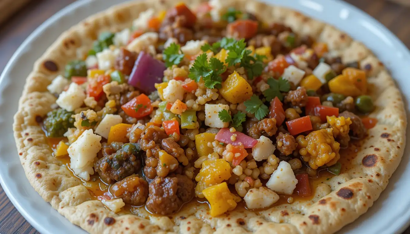 Injera recipe: A traditional Ethiopian platter with injera topped with doro wat, misir wat, and gomen
