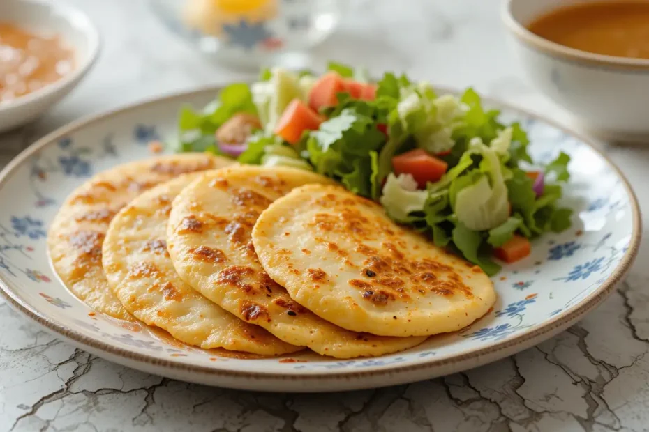 Arepas recipe: A plate with arepas served alongside a fresh salad and a bowl of soup