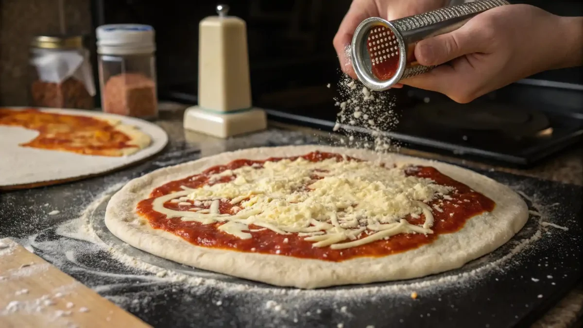 pizza-stone-or-baking-sheet-with-rolled-out-dough- Assembling vegetable pizza with sauce and cheese on dough