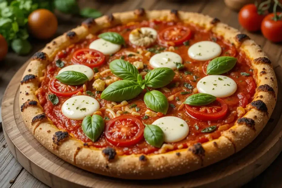 A perfectly baked homemade pizza margherita topped with fresh mozzarella, tomatoes, and basil