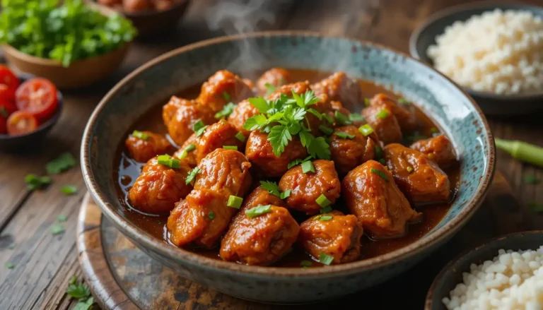A bowl of Filipino Adobo Chicken garnished with green herbs on a rustic wooden table.