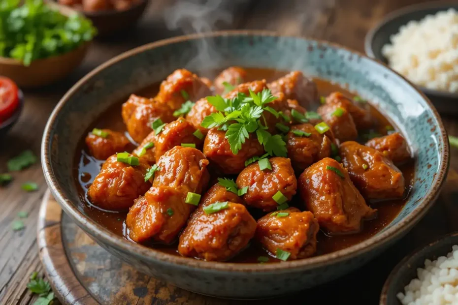 A bowl of Filipino Adobo Chicken garnished with green herbs on a rustic wooden table.