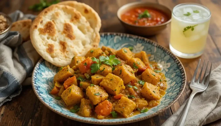 Aloo Gobi: The Ultimate Guide to Making This Indian Delight 7 A plate of Aloo Gobi accompanied by buttery naan bread and a glass of lassi