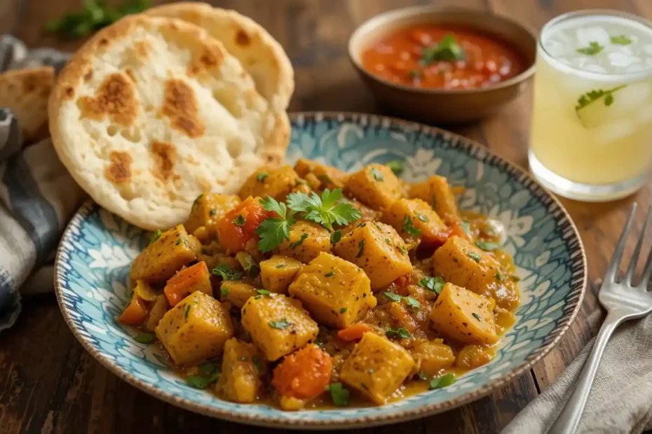 A plate of Aloo Gobi accompanied by buttery naan bread and a glass of lassi