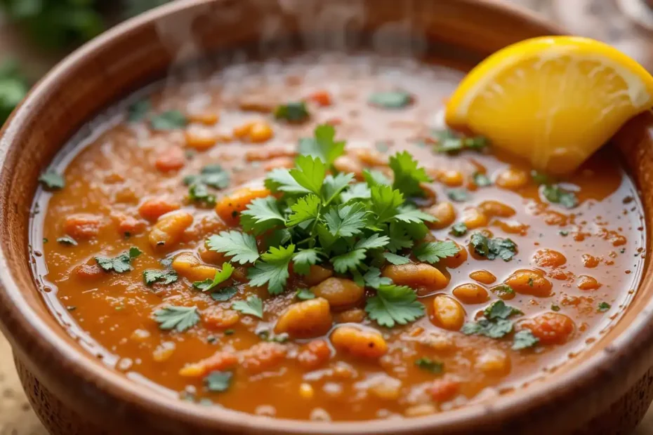 Delicious Moroccan Harira Soup in a bowl, garnished with cilantro, parsley, and a lemon wedge.