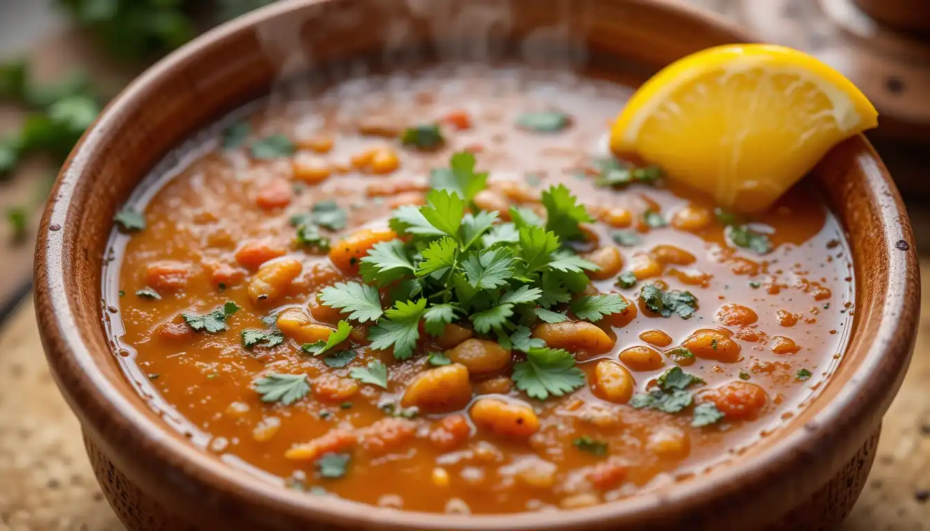 Delicious Moroccan Harira Soup: Ultimate Guide 1 Delicious Moroccan Harira Soup in a bowl, garnished with cilantro, parsley, and a lemon wedge.