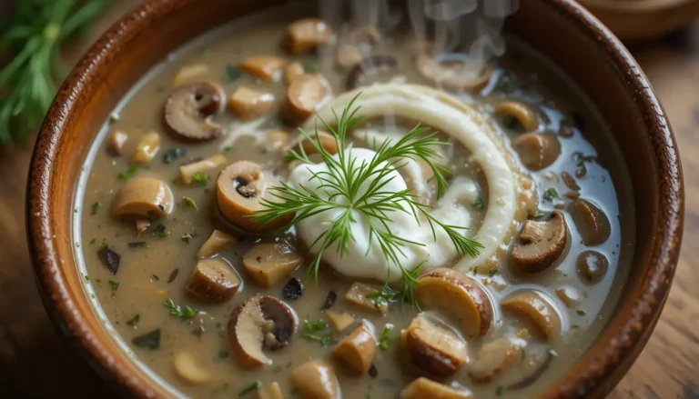 Creamy Hungarian Mushroom Soup in a rustic bowl, garnished with fresh dill and a swirl of sour cream