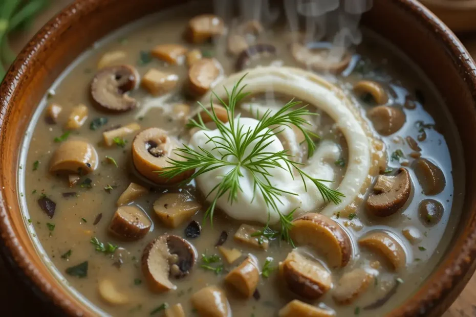 Creamy Hungarian Mushroom Soup in a rustic bowl, garnished with fresh dill and a swirl of sour cream