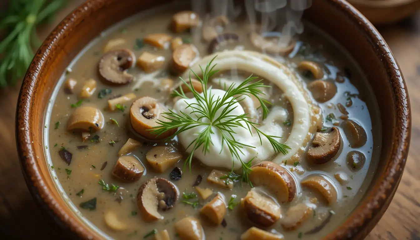 Creamy Hungarian Mushroom Soup in a rustic bowl, garnished with fresh dill and a swirl of sour cream