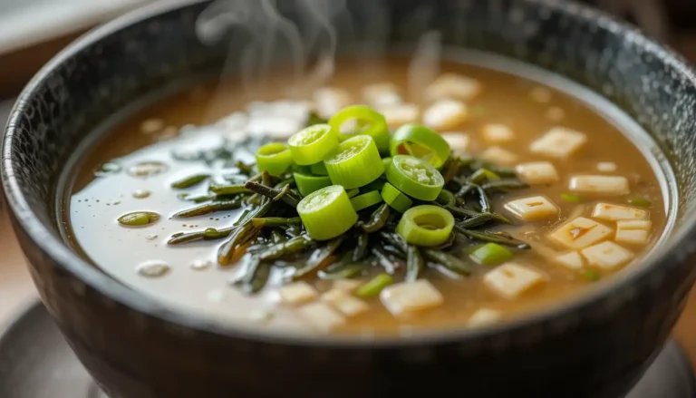 Authentic Japanese Miso Soup: Easy Dish 10 Steaming bowl of Japanese Miso Soup with green onions and wakame seaweed