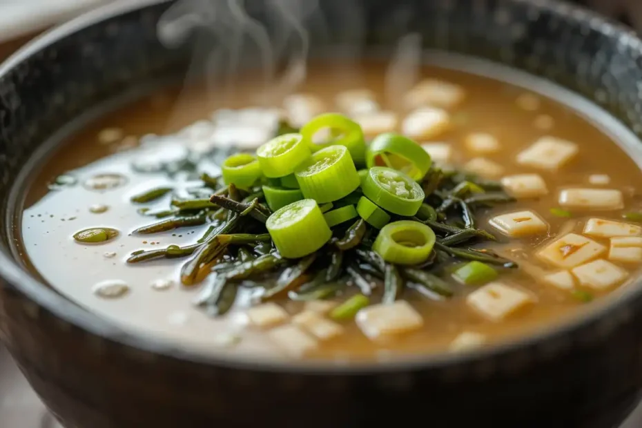 Steaming bowl of Japanese Miso Soup with green onions and wakame seaweed