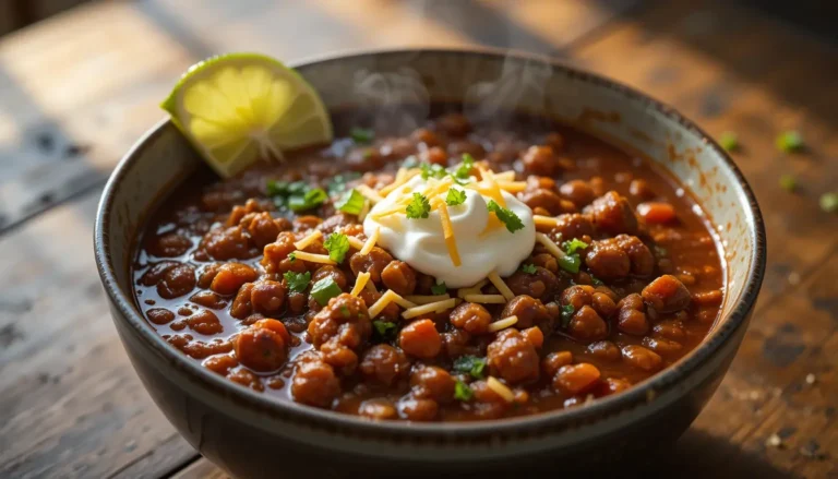 Epic Instant Pot Chili: A Mouthwatering Marvel 7 A bowl of steaming Instant Pot Chili garnished with sour cream, shredded cheese, and fresh cilantro, with a lime wedge on the side, set on a rustic wooden table