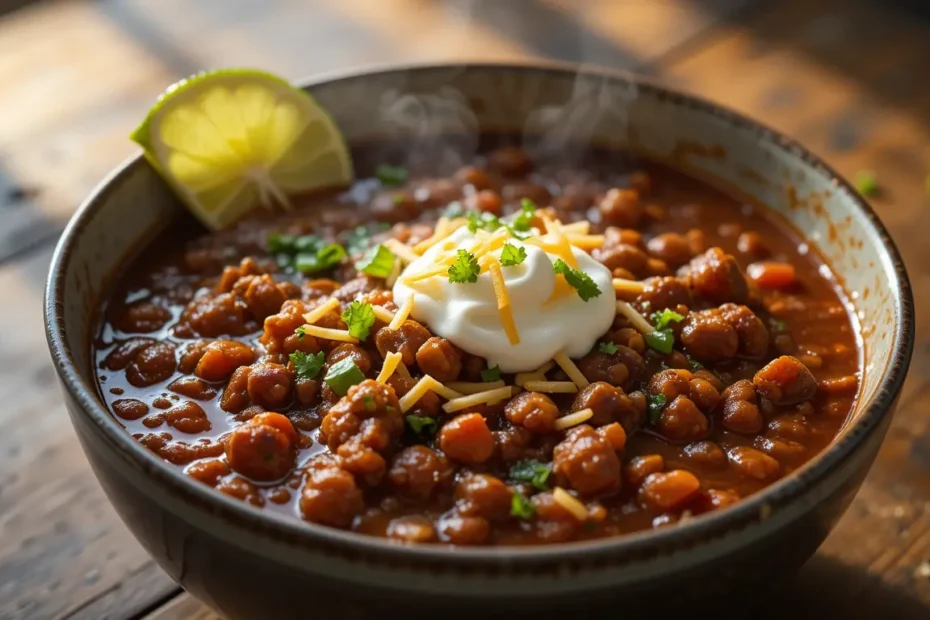 A bowl of steaming Instant Pot Chili garnished with sour cream, shredded cheese, and fresh cilantro, with a lime wedge on the side, set on a rustic wooden table