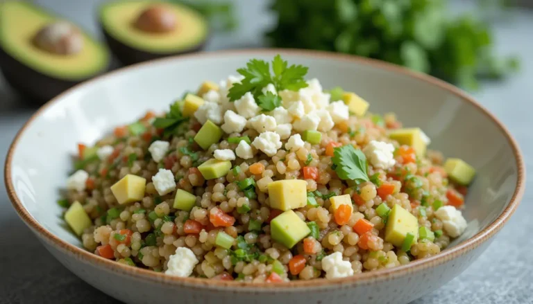 Boost Your Day with This Energizing Quinoa Salad Lunch Recipe! 11 A beautifully plated Quinoa Salad Lunch topped with feta cheese, avocado slices, and fresh herbs