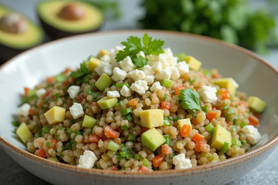 A beautifully plated Quinoa Salad Lunch topped with feta cheese, avocado slices, and fresh herbs