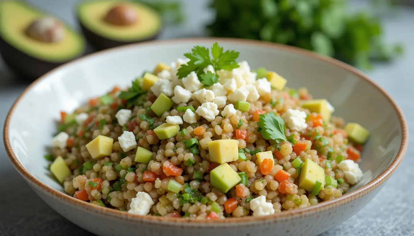 Boost Your Day with This Energizing Quinoa Salad Lunch Recipe! 1 A beautifully plated Quinoa Salad Lunch topped with feta cheese, avocado slices, and fresh herbs