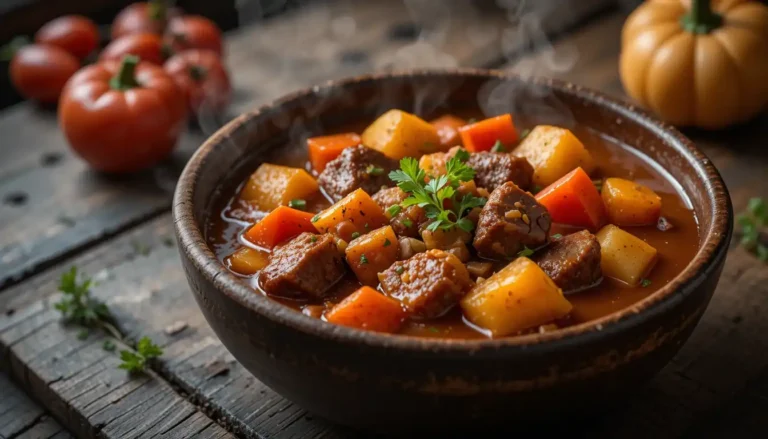 Irresistible Hungarian Goulash Stew: A Flavorful Feast 6 A bowl of hearty Hungarian Goulash Stew garnished with fresh parsley, featuring tender beef, potatoes, carrots, and red bell peppers on a rustic wooden table.