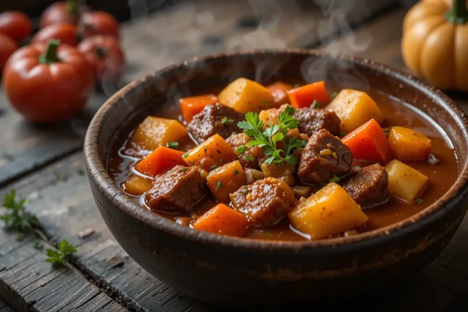 A bowl of hearty Hungarian Goulash Stew garnished with fresh parsley, featuring tender beef, potatoes, carrots, and red bell peppers on a rustic wooden table.