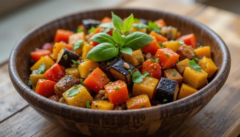 Classic French Ratatouille Recipe: A Step-by-Step Guide 7 A beautifully presented bowl of French Ratatouille with vibrant vegetables and a fresh basil garnish.