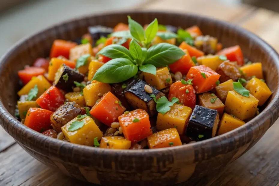 A beautifully presented bowl of French Ratatouille with vibrant vegetables and a fresh basil garnish.