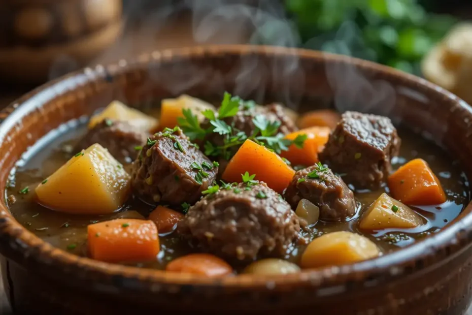 Hearty Irish Lamb Stew in a rustic bowl, steaming and garnished with fresh parsley.