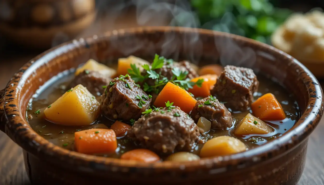 Hearty Irish Lamb Stew in a rustic bowl, steaming and garnished with fresh parsley.