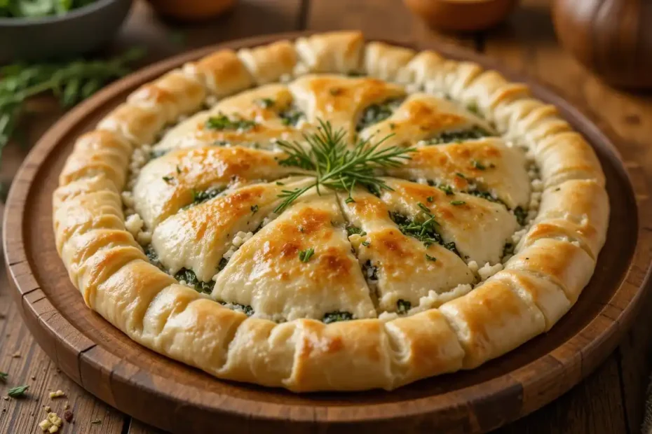 Golden-baked Greek Spanakopita on a rustic plate