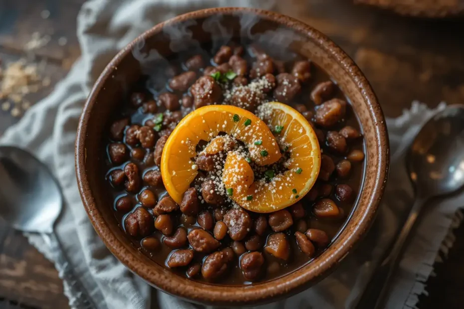 Hearty Brazilian Feijoada Stew served in a rustic bowl, garnished with orange slices and farofa