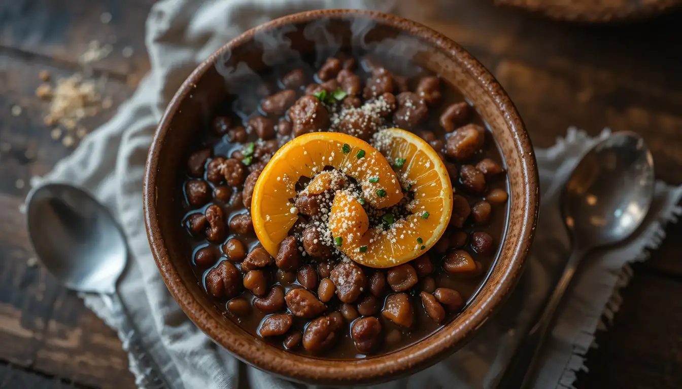 Hearty Brazilian Feijoada Stew served in a rustic bowl, garnished with orange slices and farofa