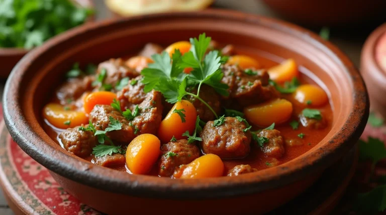 Delicious Moroccan Tagine with Apricots: Flavor Secret 2 Delicious Moroccan Tagine with Apricots served in a traditional tagine pot, garnished with cilantro