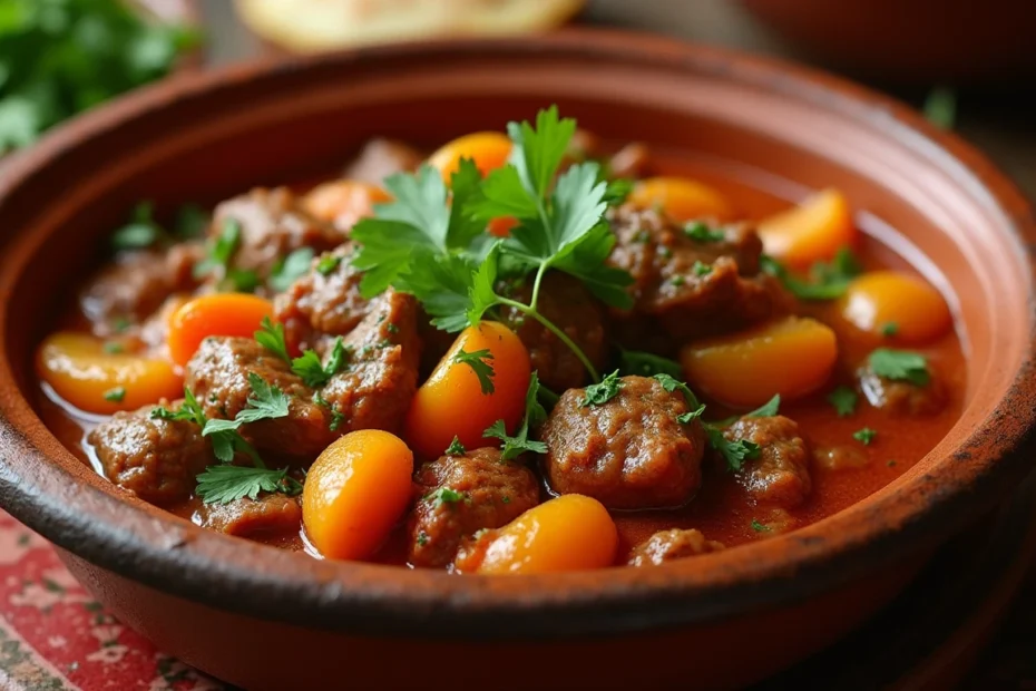 Delicious Moroccan Tagine with Apricots served in a traditional tagine pot, garnished with cilantro