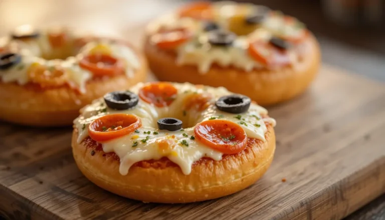 Mini Pizza Bagels: The Ultimate Quick & Easy Meal 3 Golden mini bagel halves topped with melted mozzarella, pepperoni slices, diced bell peppers, and black olives, garnished with fresh basil on a rustic wooden board
