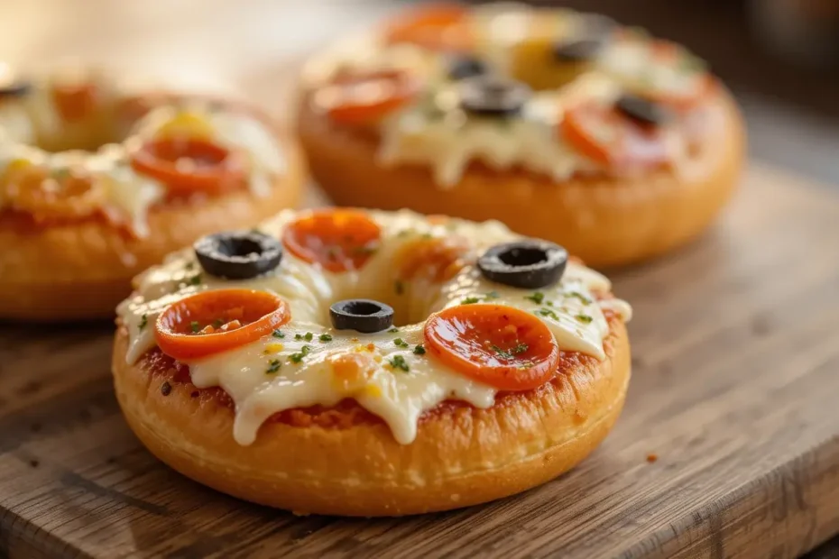 Golden mini bagel halves topped with melted mozzarella, pepperoni slices, diced bell peppers, and black olives, garnished with fresh basil on a rustic wooden board