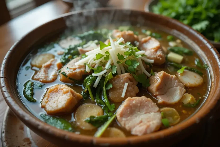 Delicious Filipino Sinigang Pork Stew in a serving bowl, ready to eat.