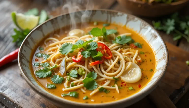 A steaming bowl of creamy Laksa Soup garnished with fresh herbs on a rustic table
