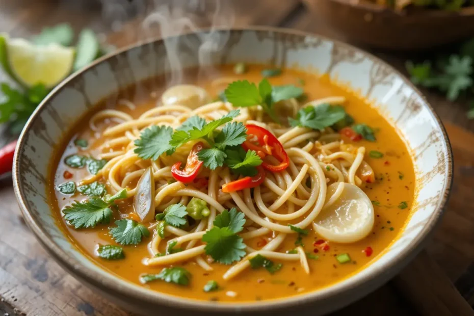 A steaming bowl of creamy Laksa Soup garnished with fresh herbs on a rustic table