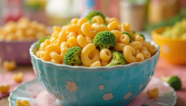 Master Mac and Cheese with Broccoli 9 Mac and cheese with broccoli served in a fun, colorful bowl, appealing to children