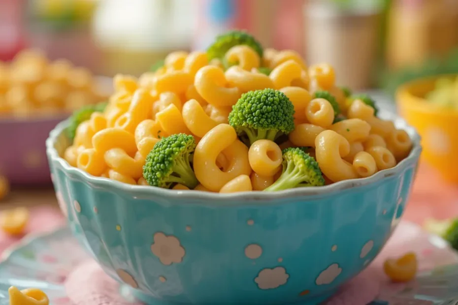 Mac and cheese with broccoli served in a fun, colorful bowl, appealing to children